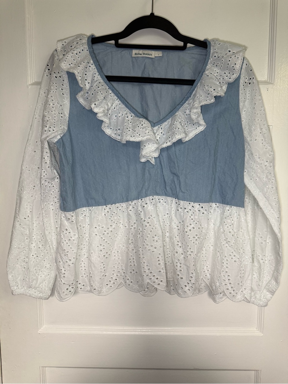 Roller Rabbit Aster Magda Chambray & White Eyelet Ruffle Peasant Blouse Boho S